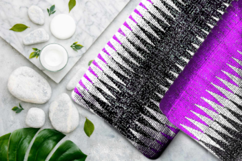 Purple, Black and White with Silver shimmering kente Purple, Black and White with Silver shimmering kente