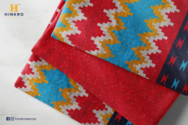 Red, Blue, Gold White with silver shimmering kente Red, Blue, Gold White with silver shimmering kente
